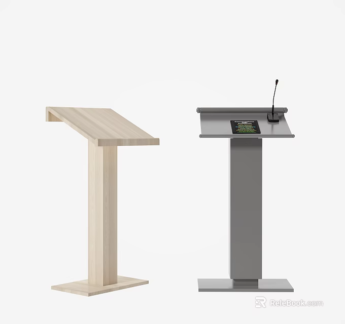 Two Different Podiums Including Wooden And Metal With Microphone And Display Screen 3d model 