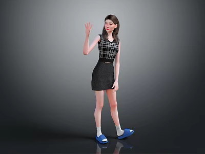 Woman In Plaid Top And Black Skirt Waving With Blue Shoes 3d model
