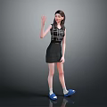 Woman In Plaid Top And Black Skirt Waving With Blue Shoes
