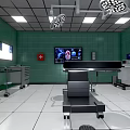 Surgical Operating Room Featuring Black Operating Table Medical Equipment Green Walls And White Cabinets