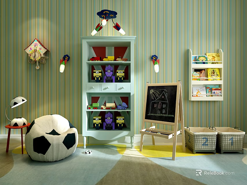 Vibrant Kids Room Featuring Striped Wallpaper Decorative Cabinet with Toys Chalkboard and Storage 3d model 