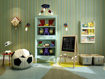 Vibrant Kids Room Featuring Striped Wallpaper Decorative Cabinet with Toys Chalkboard and Storage 3d model