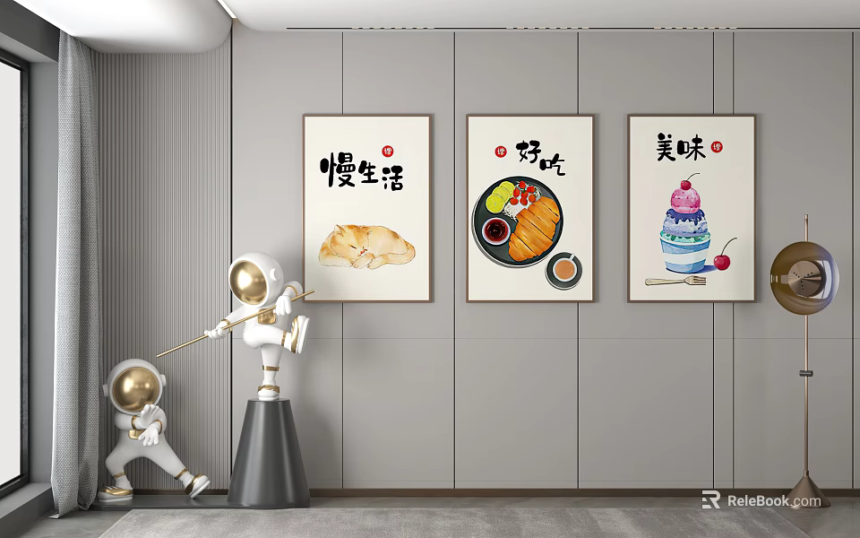 Photo Wall Featuring Three Artworks Cat Food Themes And Astronaut Figurines In Modern Room 3d model 