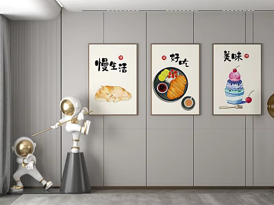 Photo Wall Featuring Three Artworks Cat Food Themes And Astronaut Figurines In Modern Room 3d model