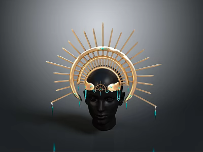 Peacock Inspired Headdress With Golden Radiant Design And Green Dangles 3d model