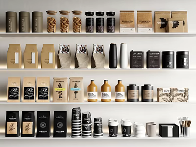 Assorted Food Packaging Items On Shelves With Diverse Containers And Designs 3d model