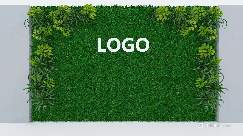 Fresh Green Plant Wall Background With Decorative Foliage And Central Logo 3d model 