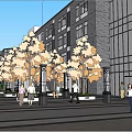 Modern Commercial Street Design With Pedestrian Walkway Greenery Shops And Central Plaza