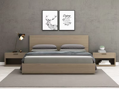 Modern Double Bed with Wooden Headboard Gray Pillows Nightstands Table Lamp and Potted Plant 3d model