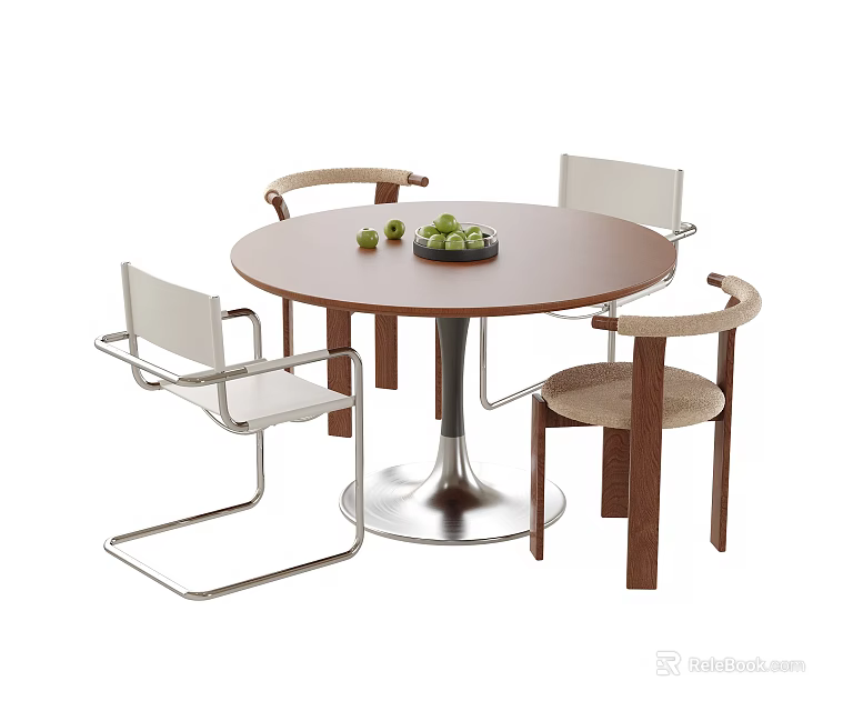 Modern Retro Round Wooden Dining Table With Mixed Style Dining Chairs Set For Dining Room 3d model 