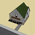 Detached House With White Exterior Green Roof Balcony Brown Railing Windows Lawn And Shrubs