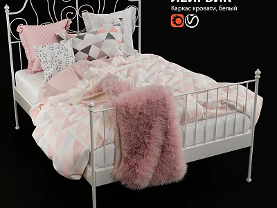 Double Bed with White Metal Frame Pink Geometric Pillows and Faux Fur Throw 3d model