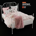 Double Bed with White Metal Frame Pink Geometric Pillows and Faux Fur Throw