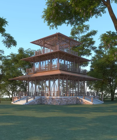 Single Family Villa Featuring Multi Layer Wooden Glass Pavilion With Stone Foundation Lawn And Trees 3d model