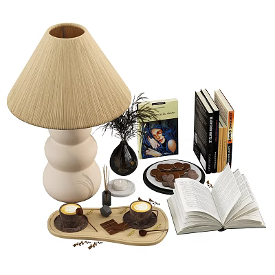 Decorative Ornament Combination With Table Lamp Vase Books Coffee Cups Chocolate And Cookies 3d model