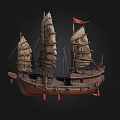 Traditional Wooden Sailing Ship with Multiple Canvas Sails and Red Flag Decoration on Dark Background