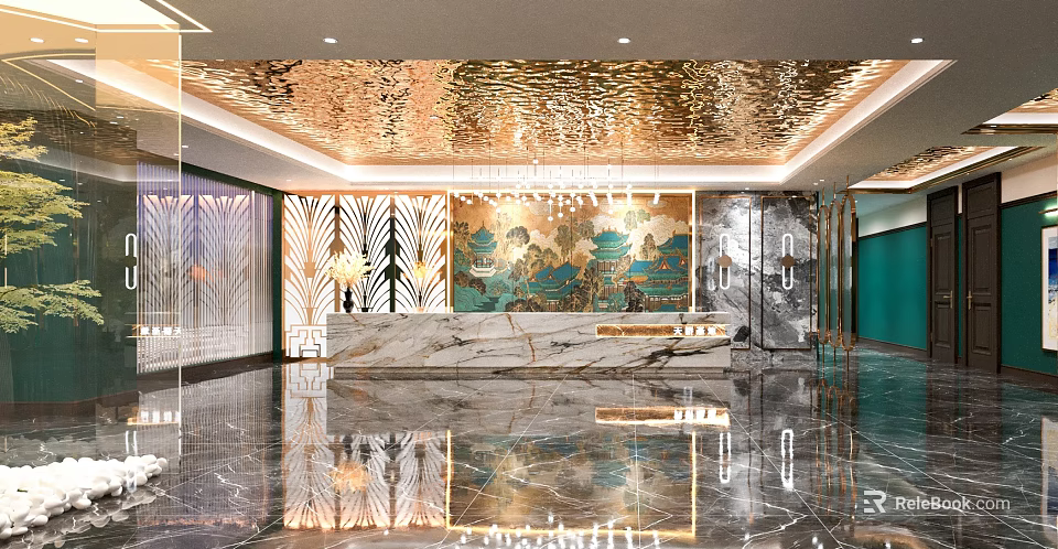 Luxury Hotel Lobby Interior With Marble Reception Desk Golden Decorative Wall And Lighting 3d model 
