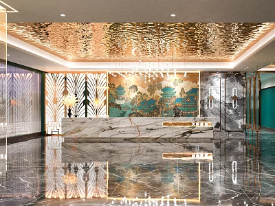 Luxury Hotel Lobby Interior With Marble Reception Desk Golden Decorative Wall And Lighting 3d model