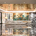 Luxury Hotel Lobby Interior With Marble Reception Desk Golden Decorative Wall And Lighting