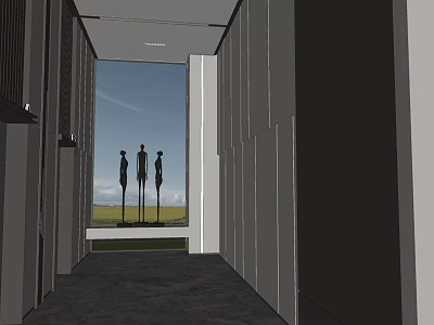 Elevator Hallway With Gray Walls End Window And Outdoor Sculptures Blue Sky Green Grass 3d model