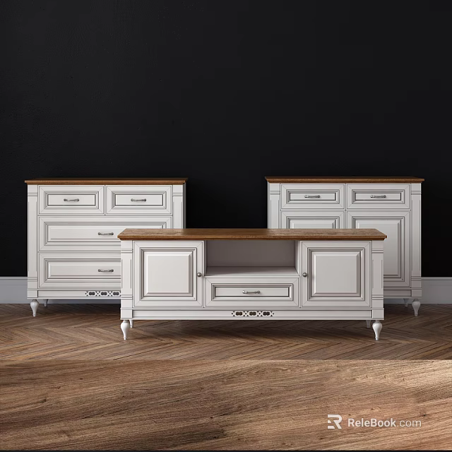 Classic White TV Stand With Wooden Top Drawers And Cabinet Doors On Wooden Floor 3d model 