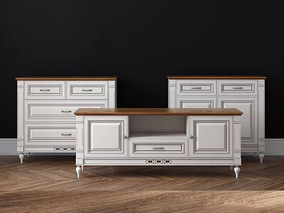Classic White TV Stand With Wooden Top Drawers And Cabinet Doors On Wooden Floor 3d model