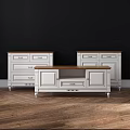 Classic White TV Stand With Wooden Top Drawers And Cabinet Doors On Wooden Floor