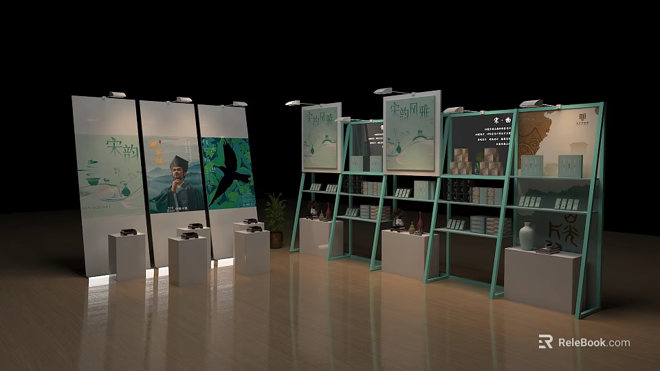 Traditional Cultural Products Display Shelves with Arranged Items and Exhibition Boards 3d model 