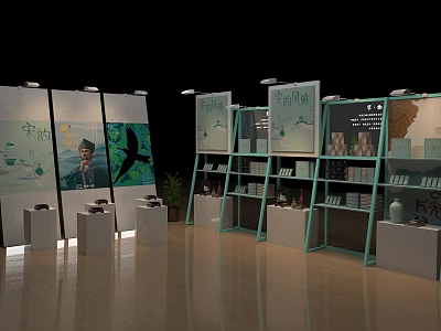 Traditional Cultural Products Display Shelves with Arranged Items and Exhibition Boards 3d model