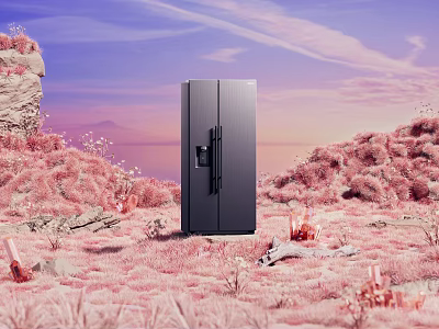 Stylish Modern Black Refrigerator Freezer In Elegant Pink Rock Natural Landscape With Purple Sunset Sky 3d model