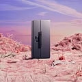 Stylish Modern Black Refrigerator Freezer In Elegant Pink Rock Natural Landscape With Purple Sunset Sky