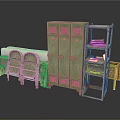 Vintage Green Metal Lockers With Wooden Shelves Retro Chairs And Old Furniture