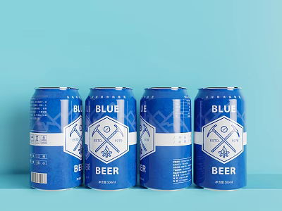 Four Blue Beer Cans Displayed With Branding On Light Blue Background 3d model