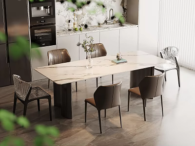 Elegant Modern Dining Area With Marble Table Chairs Decorative Vase And Wooden Flooring 3d model