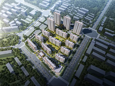Aerial Planning of Residential Complex With High Rise Buildings Low Rise Residences Greenery And Roads 3d model