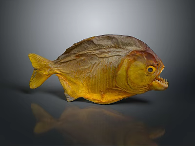 Golden Piranha Fish Statue With Sharp Teeth And Yellow Tail 3d model