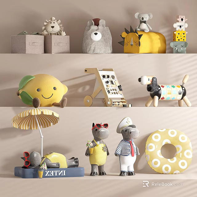 Assorted Cute Stuffed Toys Featuring Smiling Lemon Hippo in Sunglasses Dog and Lion on Shelves 3d model 
