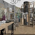 Modern Clothing Store Interior With Wooden Display Racks Green Foliage Stylish Apparel And Mannequins