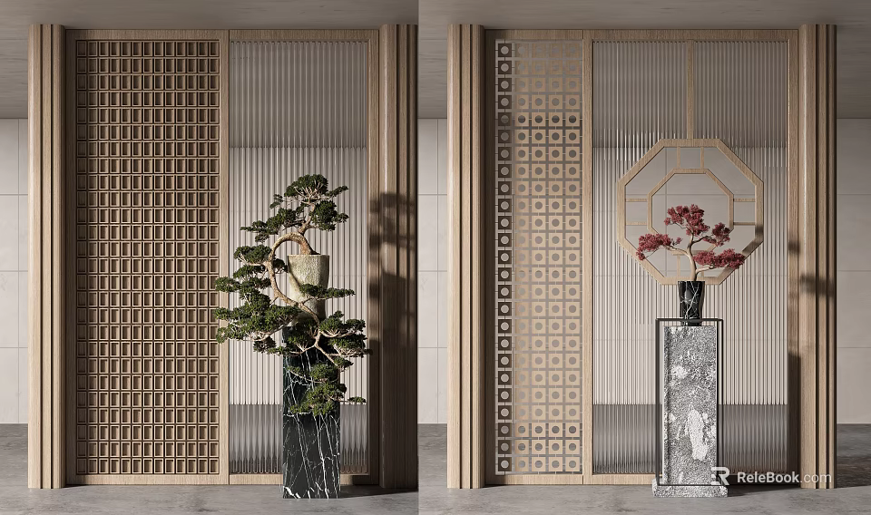 Traditional Wooden Lattice Room Divider With Marble Base Potted Pine And Red Flowers 3d model 