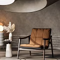 Brown Leather Armchairs With Small Round Table Gray Walls Circular Ceiling Light And Floor Patterns 3d model