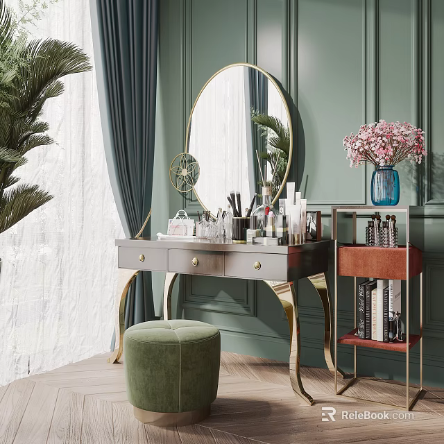 Elegant Dressing Table With Gold Framed Mirror Cosmetics Green Velvet Stool And Side Shelf 3d model 