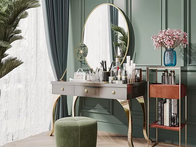 Elegant Dressing Table With Gold Framed Mirror Cosmetics Green Velvet Stool And Side Shelf 3d model