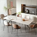 Modern Minimalist Dining Table and Chairs with Vase Fruit Plate Plant in Open Kitchen