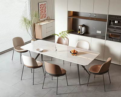 Modern Minimalist Dining Table and Chairs with Vase Fruit Plate Plant in Open Kitchen 3d model