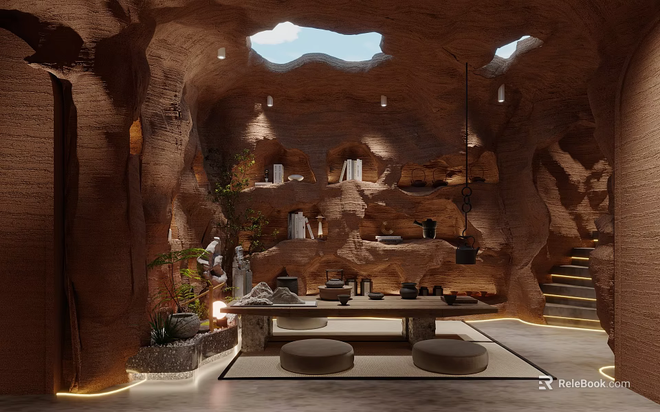 Cave-like Rock Structure Tea Room With Skylight Tea Table And Plants 3d model