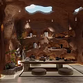 Cave-like Rock Structure Tea Room With Skylight Tea Table And Plants 3d model