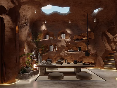 Cave-like Rock Structure Tea Room With Skylight Tea Table And Plants 3d model