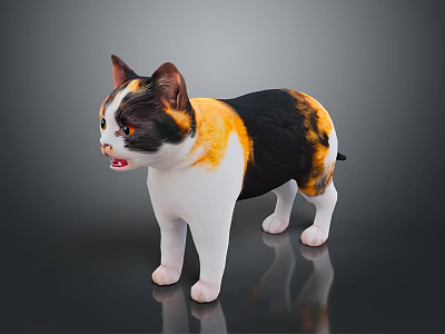 Tricolor Cat Standing On Reflective Surface With Black Orange White Fur And Bright Eyes 3d model