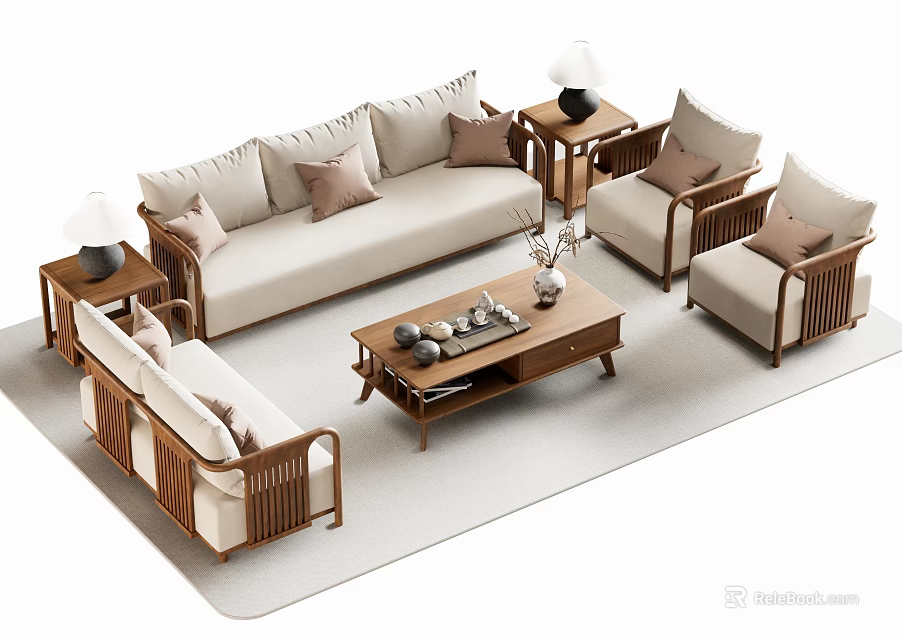 Modern Beige Sofa Coffee Table Set With Armchairs Pillows And Wooden Side Tables 3d model 