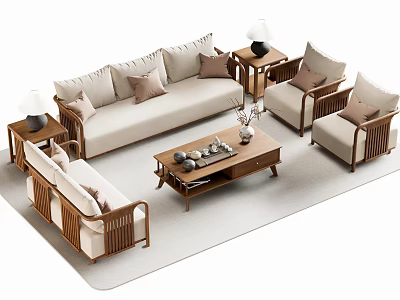 Modern Beige Sofa Coffee Table Set With Armchairs Pillows And Wooden Side Tables 3d model